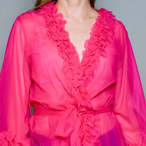AMANDA UPRICHARD Pink Sheer Mesh Ruffle Robe - Picture 2 of 7